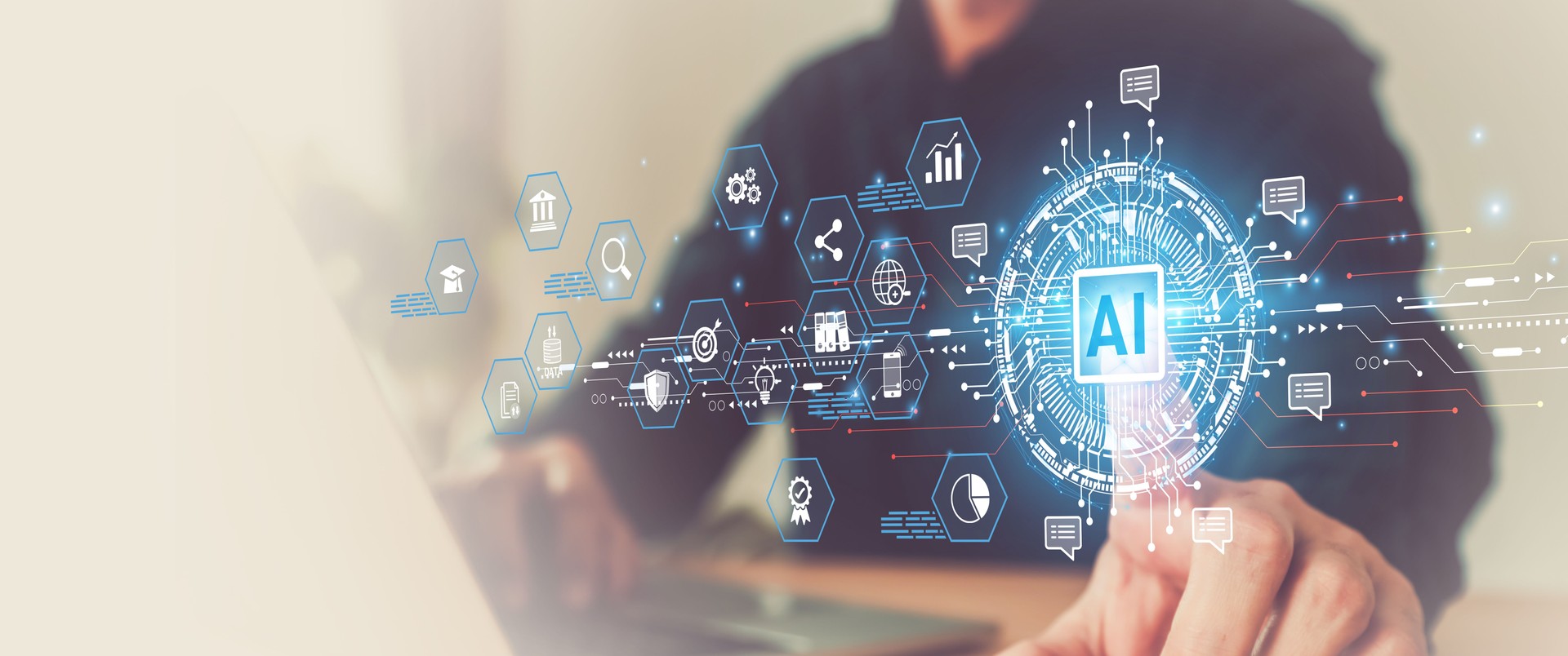 Hand and virtual AI technology analyzing for brain digital system development or big data knowledge learning innovation or future digital transformation and strategy for business management.
